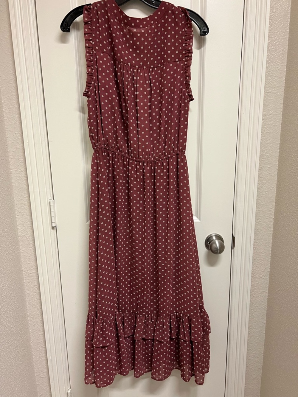 Moon River Midi Mauve Polka Dot Dress Tired Ruffle Cottage Accents - Size Med - Picture 2 of 5